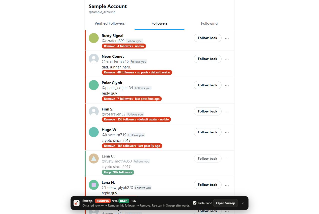 Red and green Sweep marks on the X Followers page